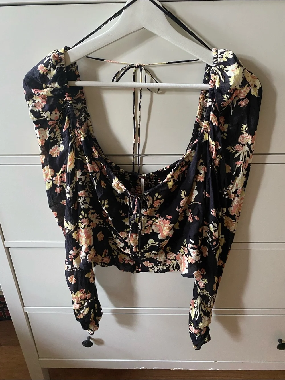 Free People Black Floral Puff-Sleeve Corset Top